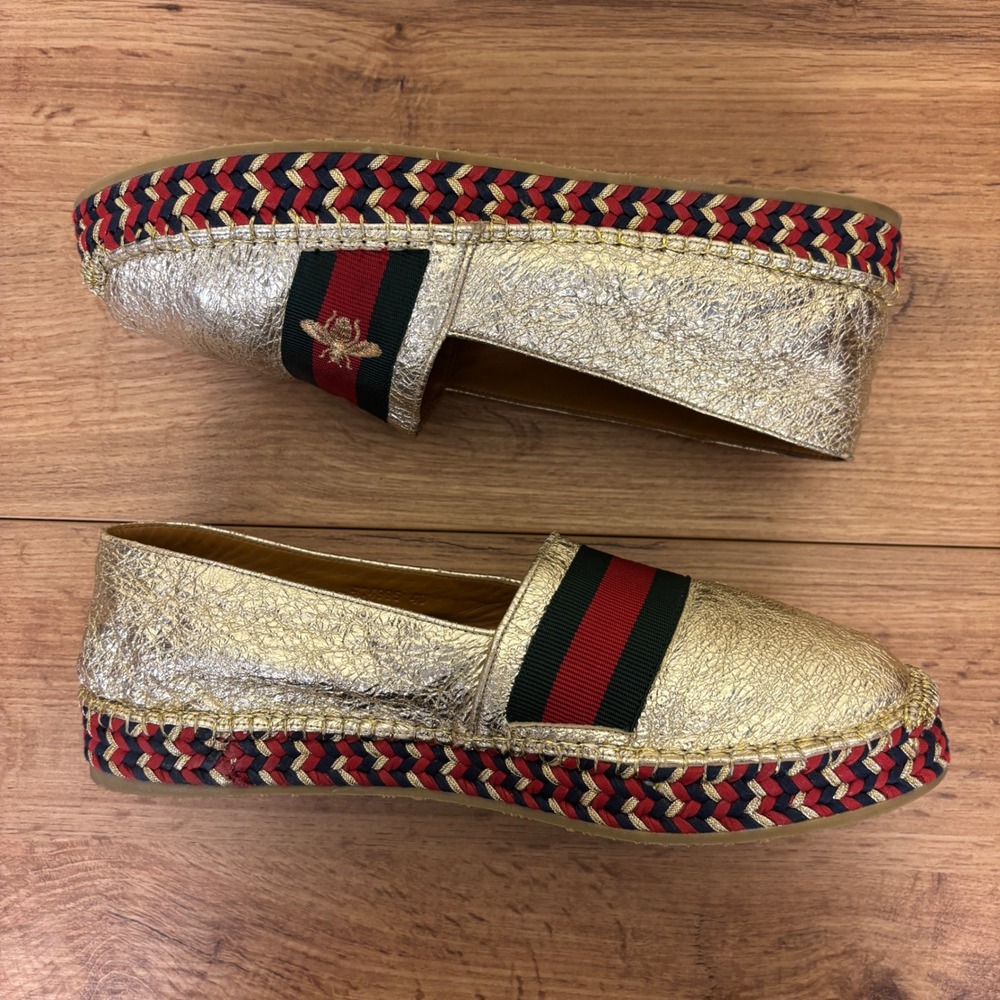 GUCCI Crinkled Leather Web Pilar Bee Espadrille Flat Gold Women Size 40 Slip On - Picture 8 of 14
